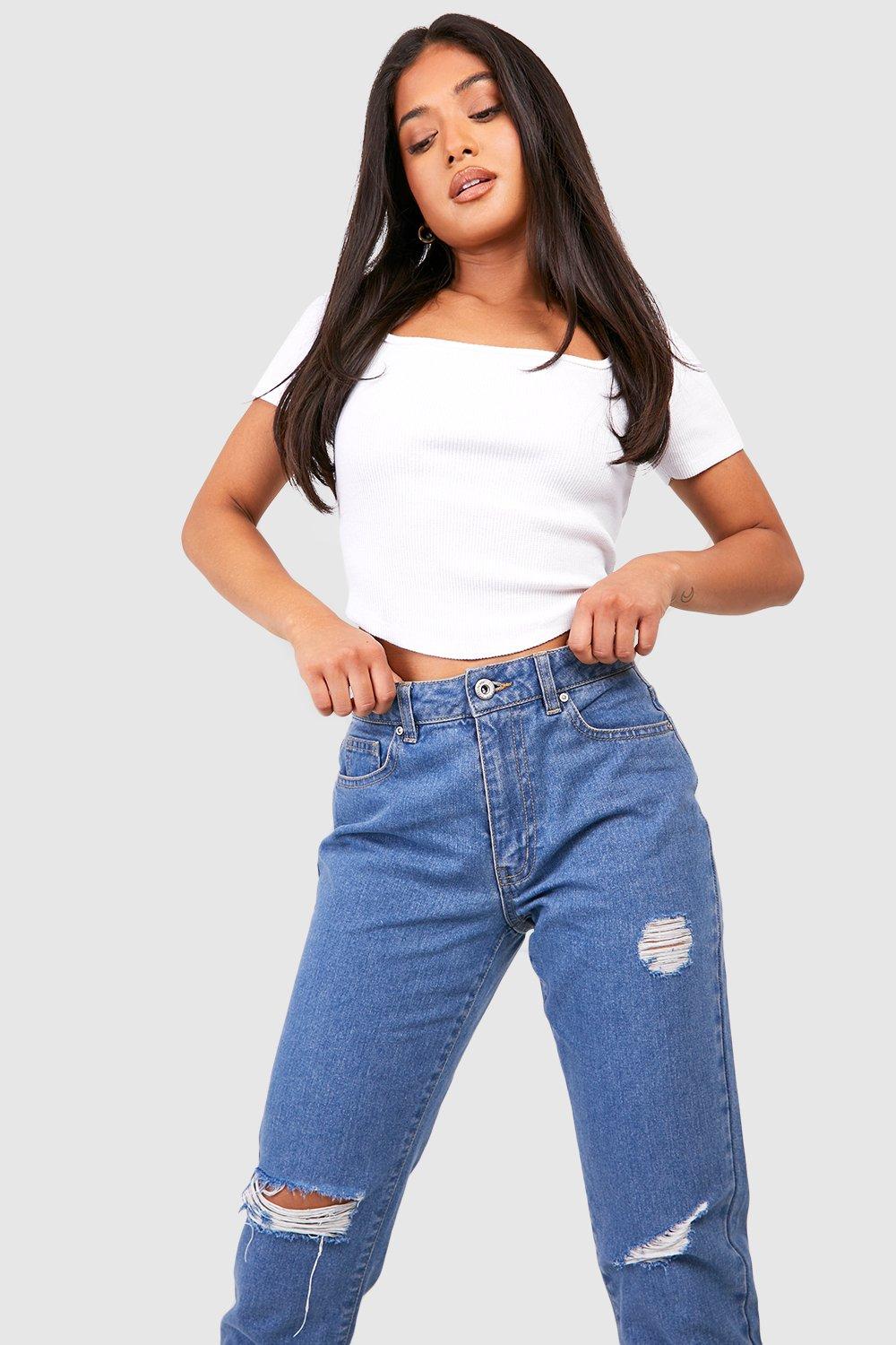 Petite ripped mom jeans sales